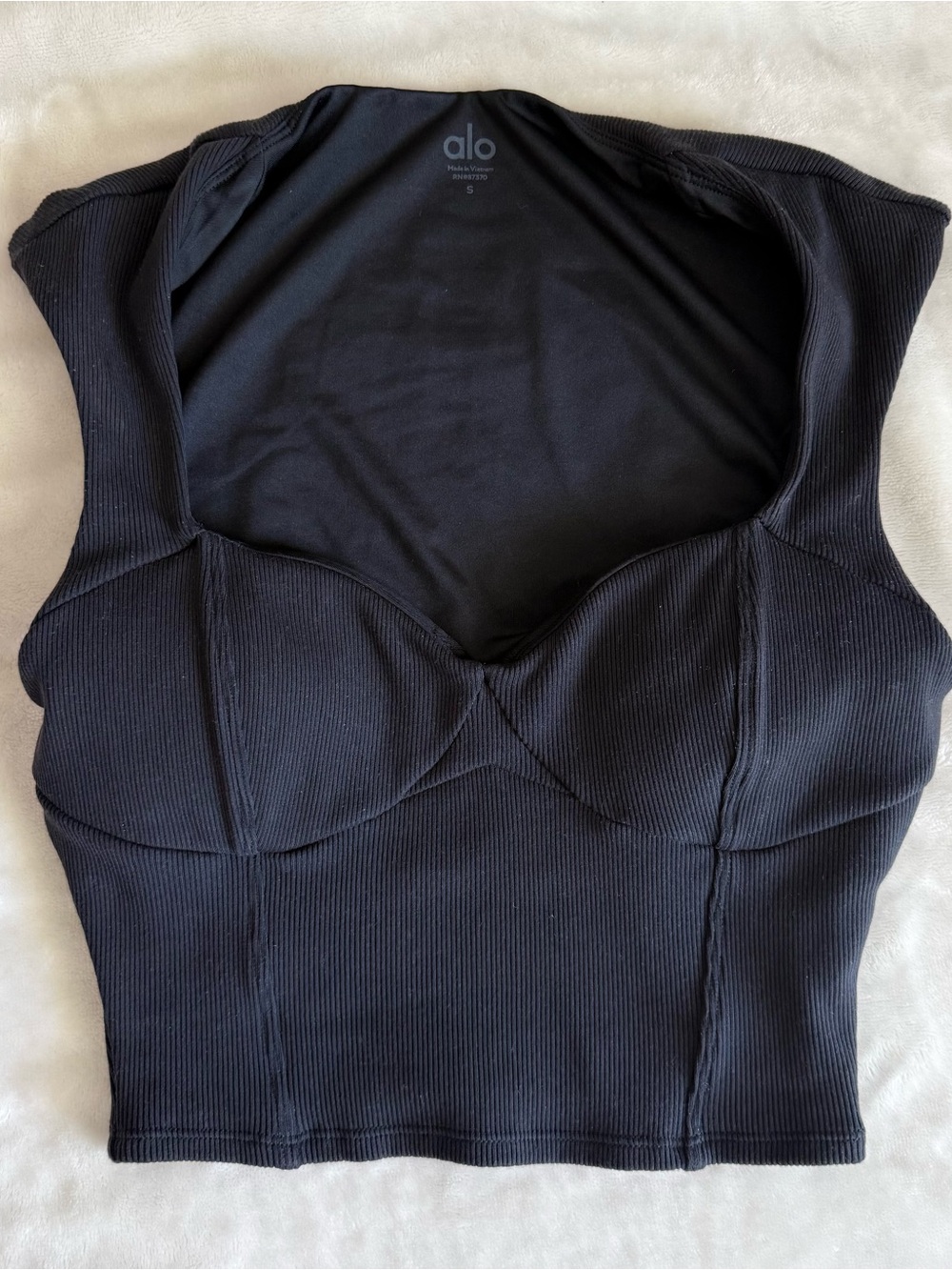 Alo Black Ribbed Sweetheart Short Sleeve Top Size Small